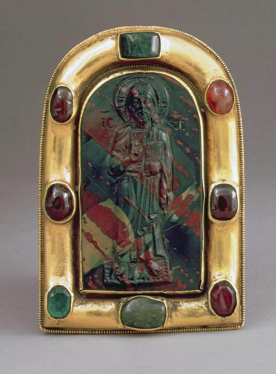 Cameo Krista dávajícího požehnání (jaspis, zlato a drahokamy) od Byzantine