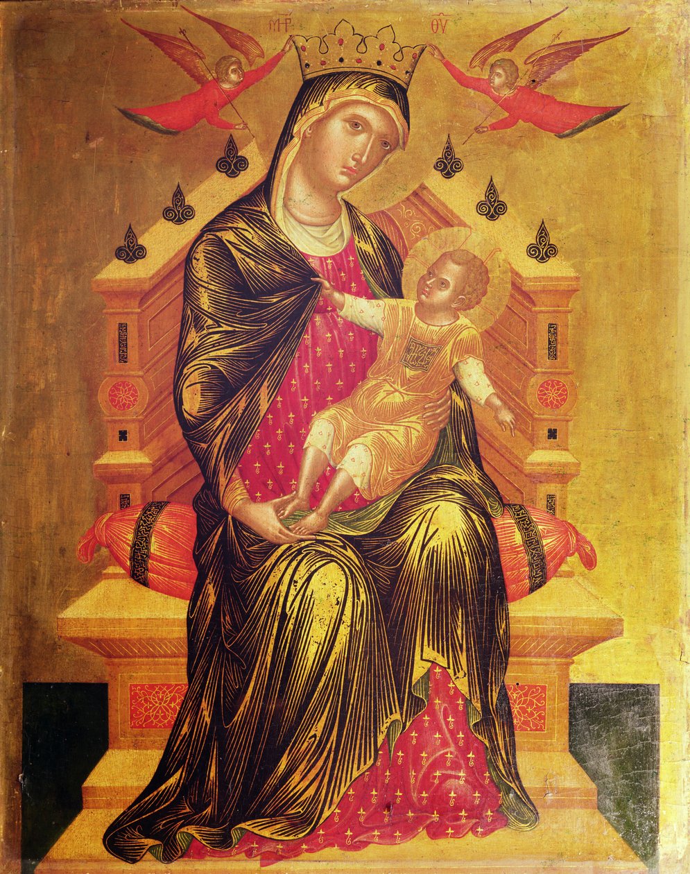 Madonna a dítě trůnící se dvěma anděly (tempera na panelu) od Byzantine