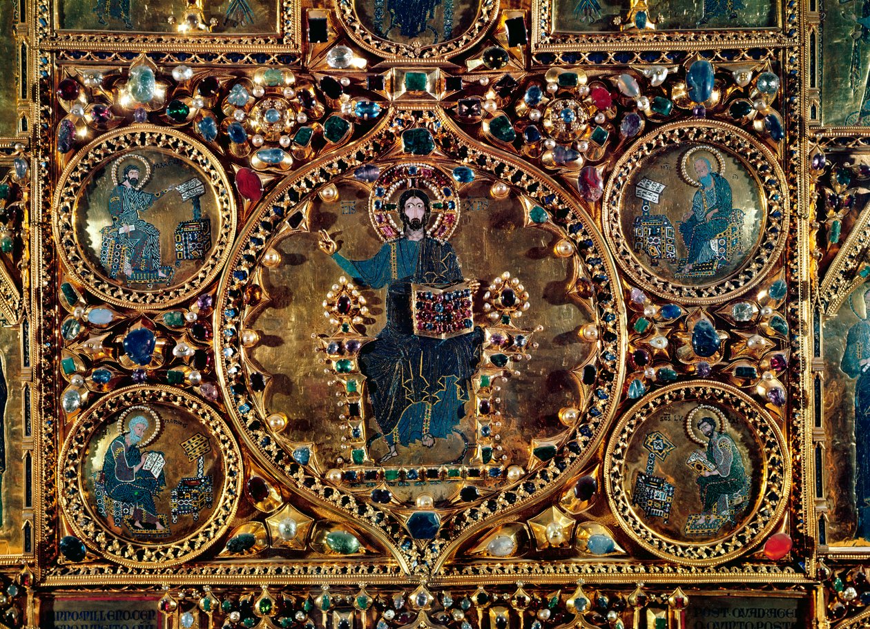 Pala dOro, detail Krista ve majestátu s evangelisty zlatem a smaltem vykládaným drahými kameny od Byzantine