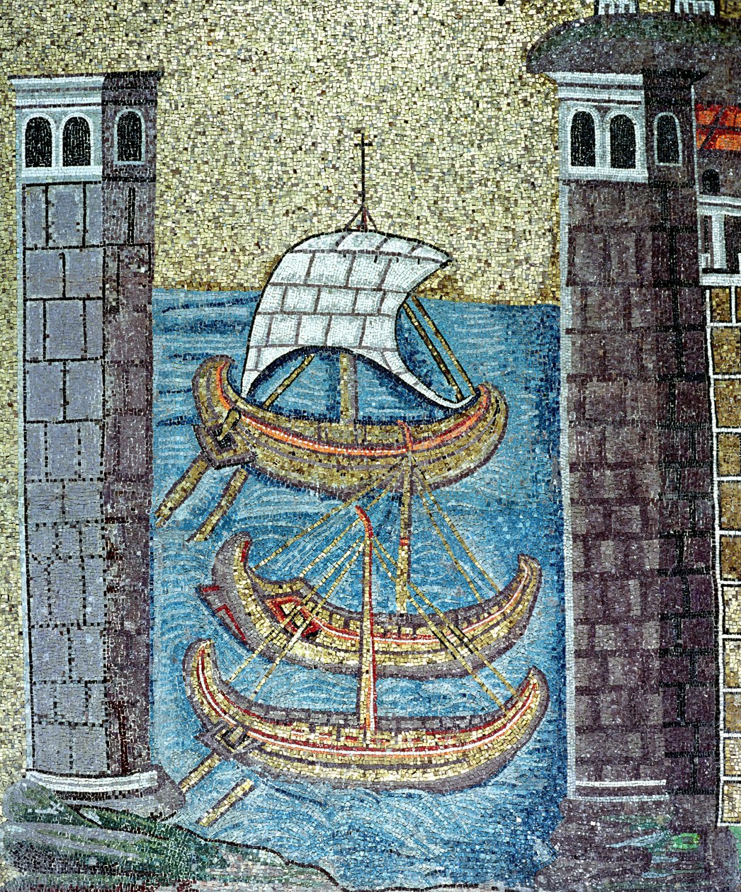 Tři lodě vplouvající do přístavu v Ravenně, detail z lodi (mozaika) od Byzantine