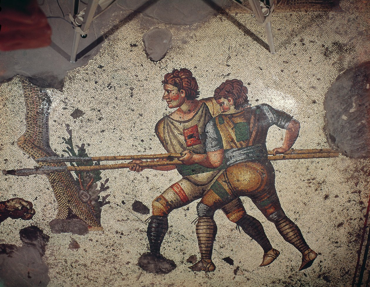 Dva muži bojující s tygrem, podlaha z Velkého císařského paláce, Konstantinopol, 5.-6. století (mozaika) od Byzantine