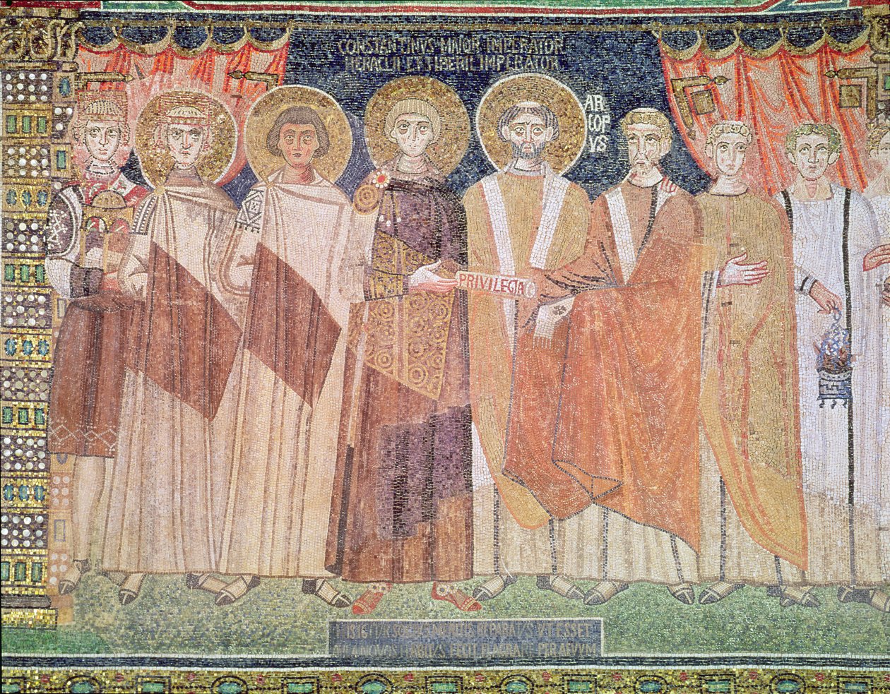 Konstantin IV udělující biskupovi Reparatovi privilegia pro kostel v Ravenně, 671-77 (mozaika) od Byzantine School