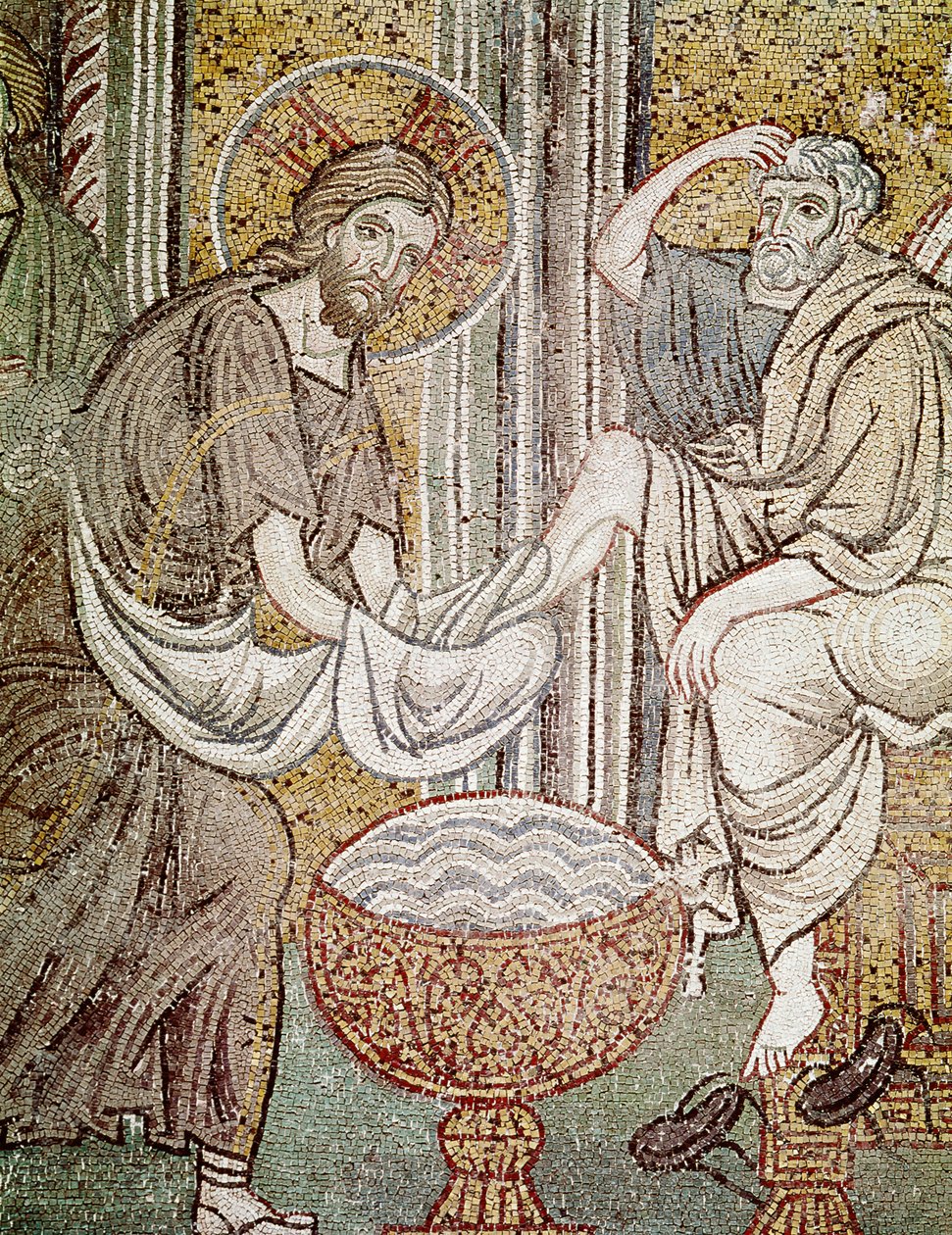 Ježíš a svatý Petr, detail z Ježíše umýt nohy apoštola (mozaika) od Byzantine School
