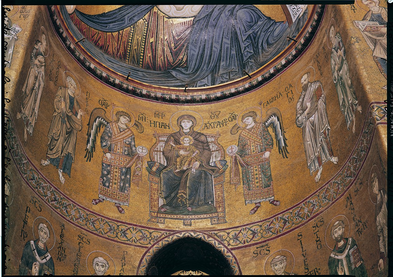 Madonna a dítě trůnící s anděly a apoštoly, z centrální apsidy (mozaika) od Byzantine School