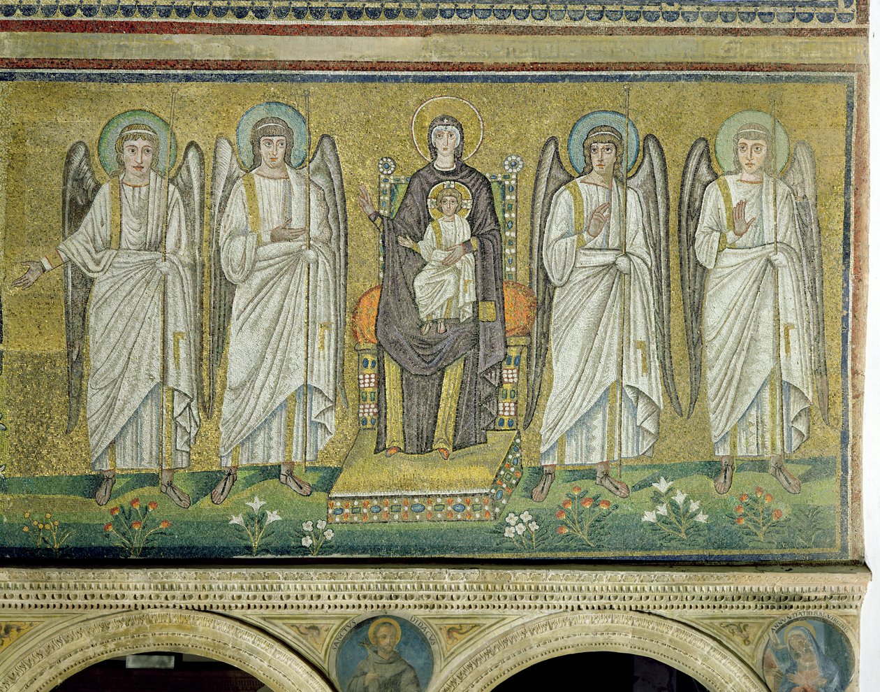 Madonna s dítětem na trůnu a obklopená anděly (mozaika) od Byzantine School