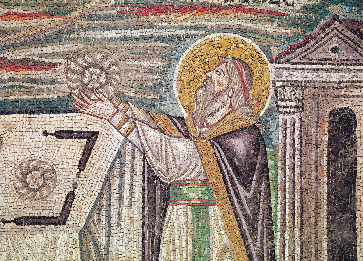 Melchisedech nabízí chléb u oltáře, detail lunety na jižní stěně zobrazující oběti Ábela a Melchisedecha (mozaika) od Byzantine School