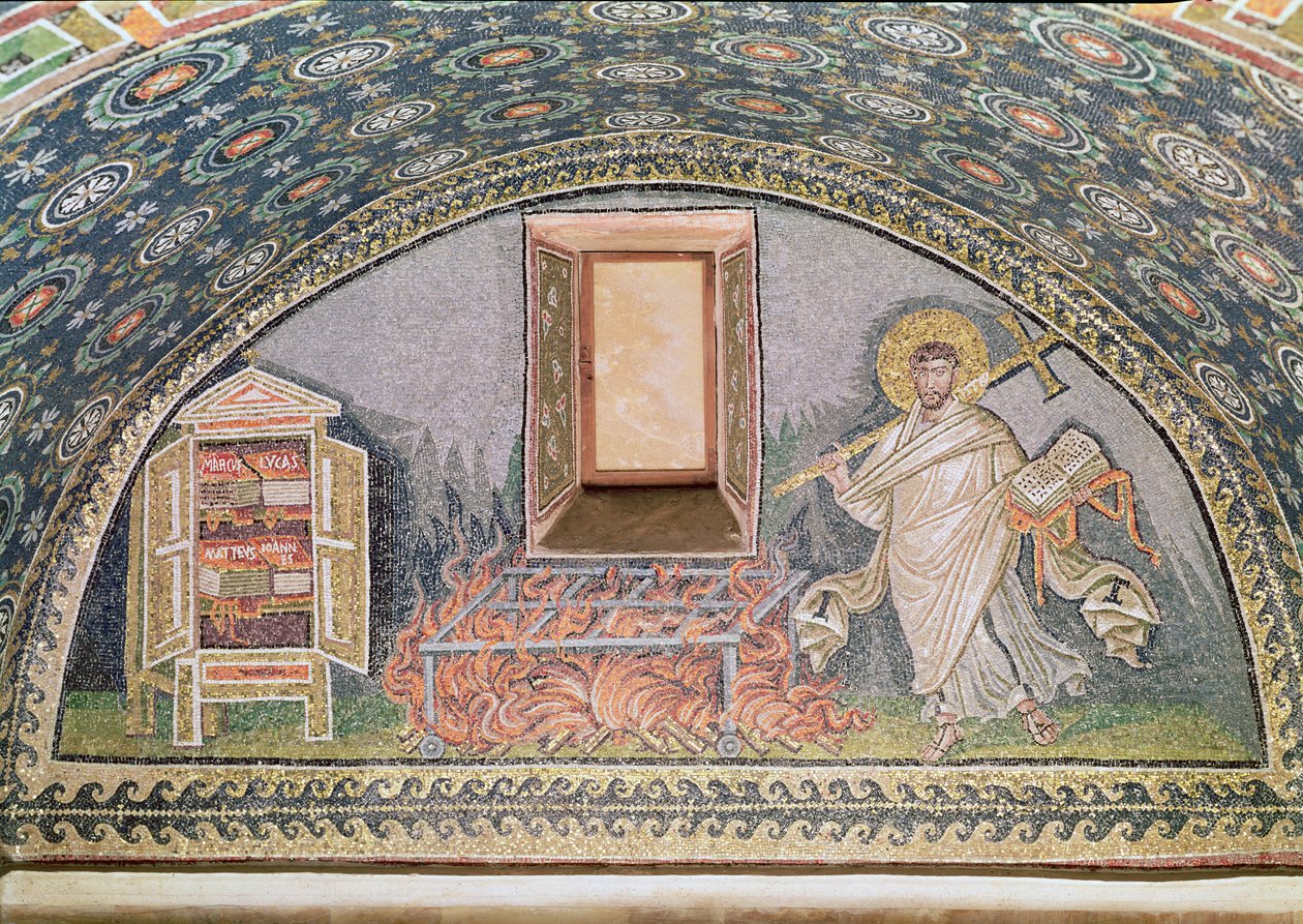 Pravděpodobně svatý Vavřinec, umučený na železné mříži (mozaika) (detail 182913) od Byzantine School