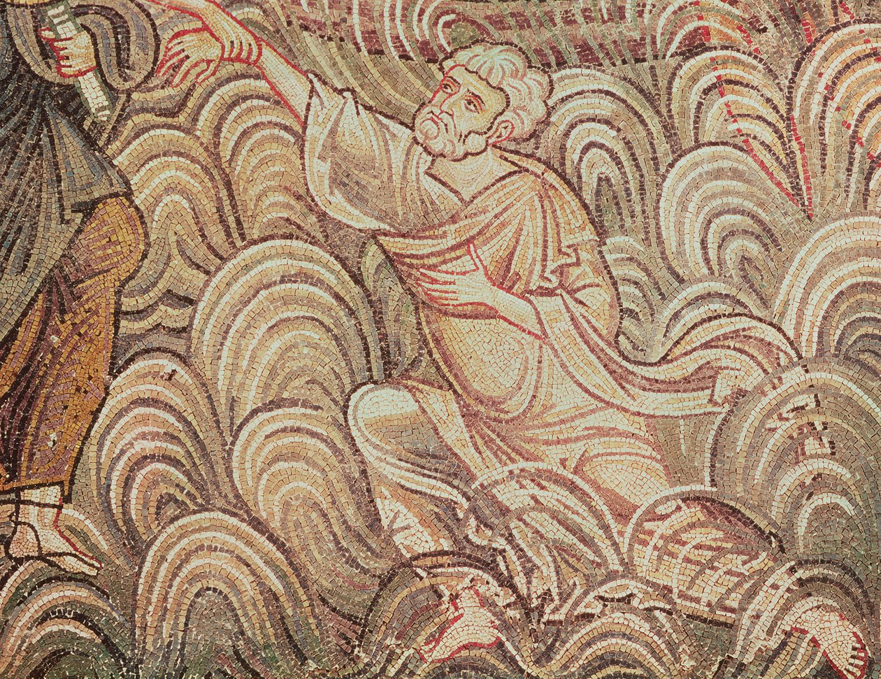 Svatý Petr zachráněn Kristem před utopením, detail sv. Petra (mozaika) od Byzantine School