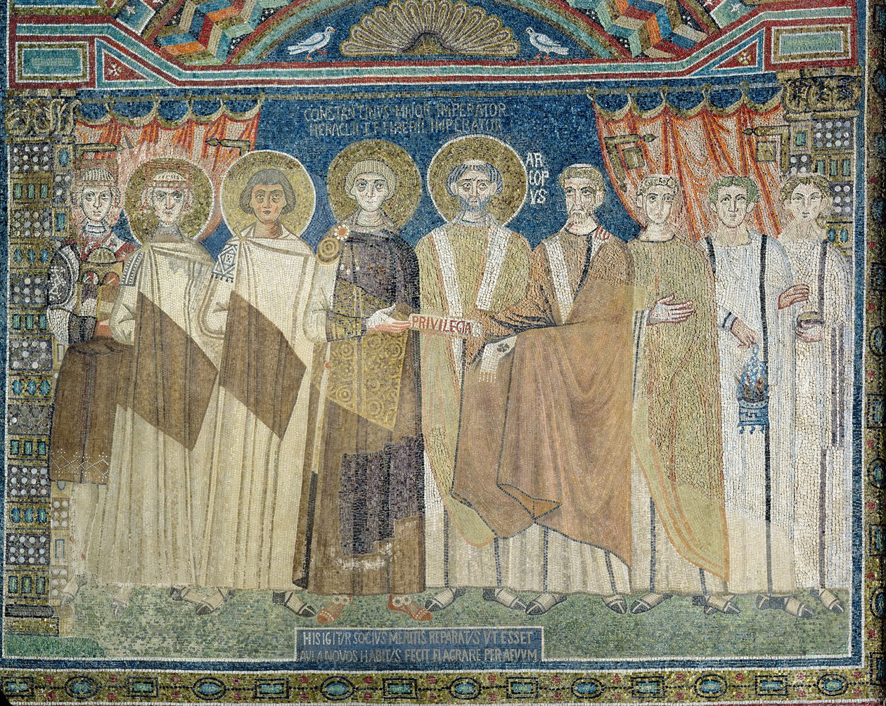 Císař Konstantin IV uděluje daňovou imunitu arcibiskupovi z Ravenny (mozaika) od Byzantine School