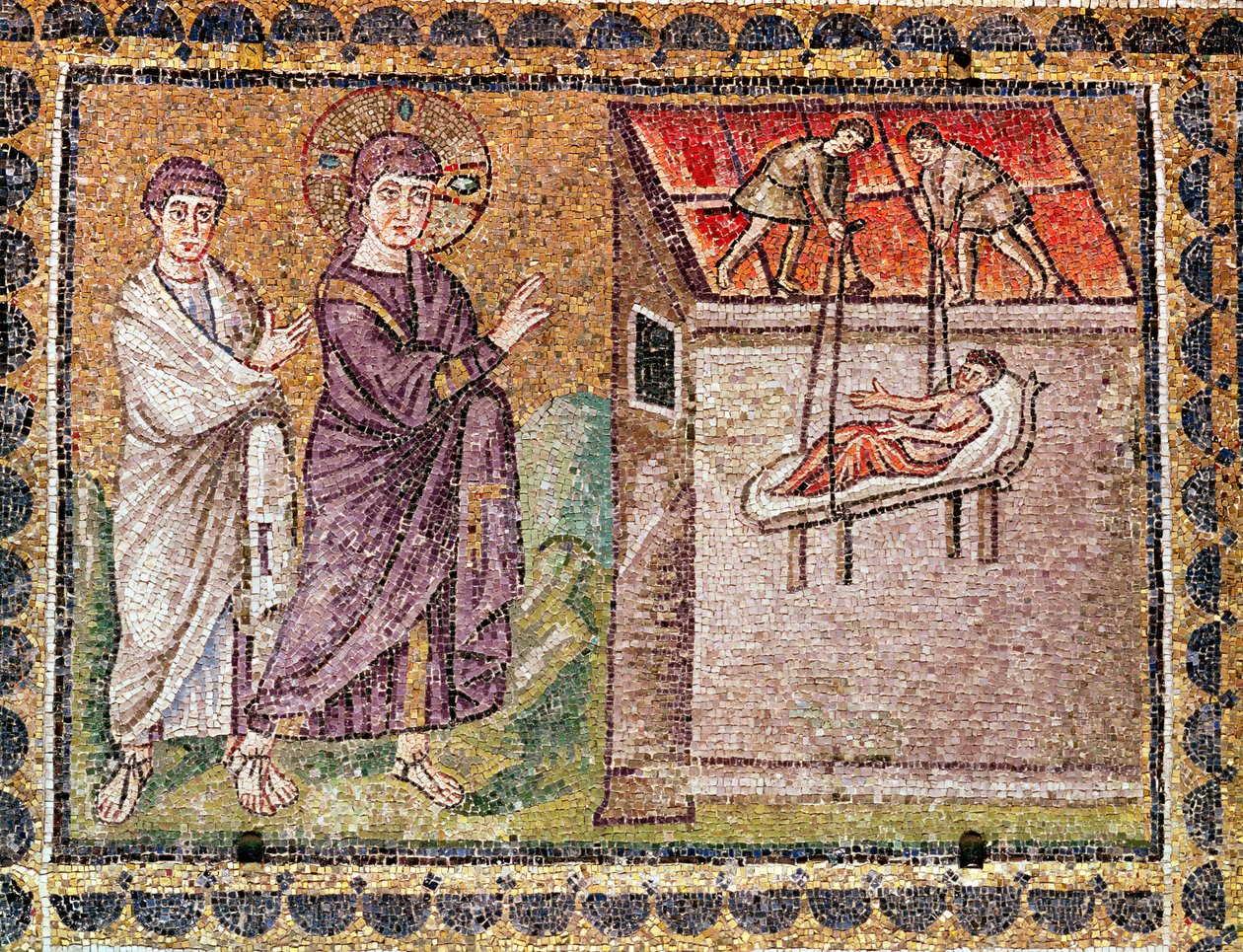 Paralytik z Kafarnau je spuštěn ze střechy, scény ze života Kristova (mozaika) od Byzantine School