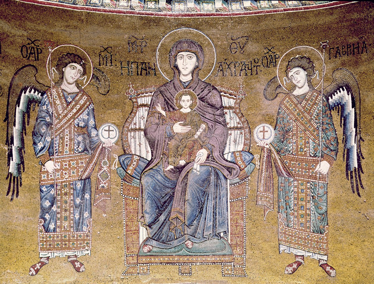 Panna a dítě trůnící mezi dvěma anděly, z apsidy (mozaika) od Byzantine School