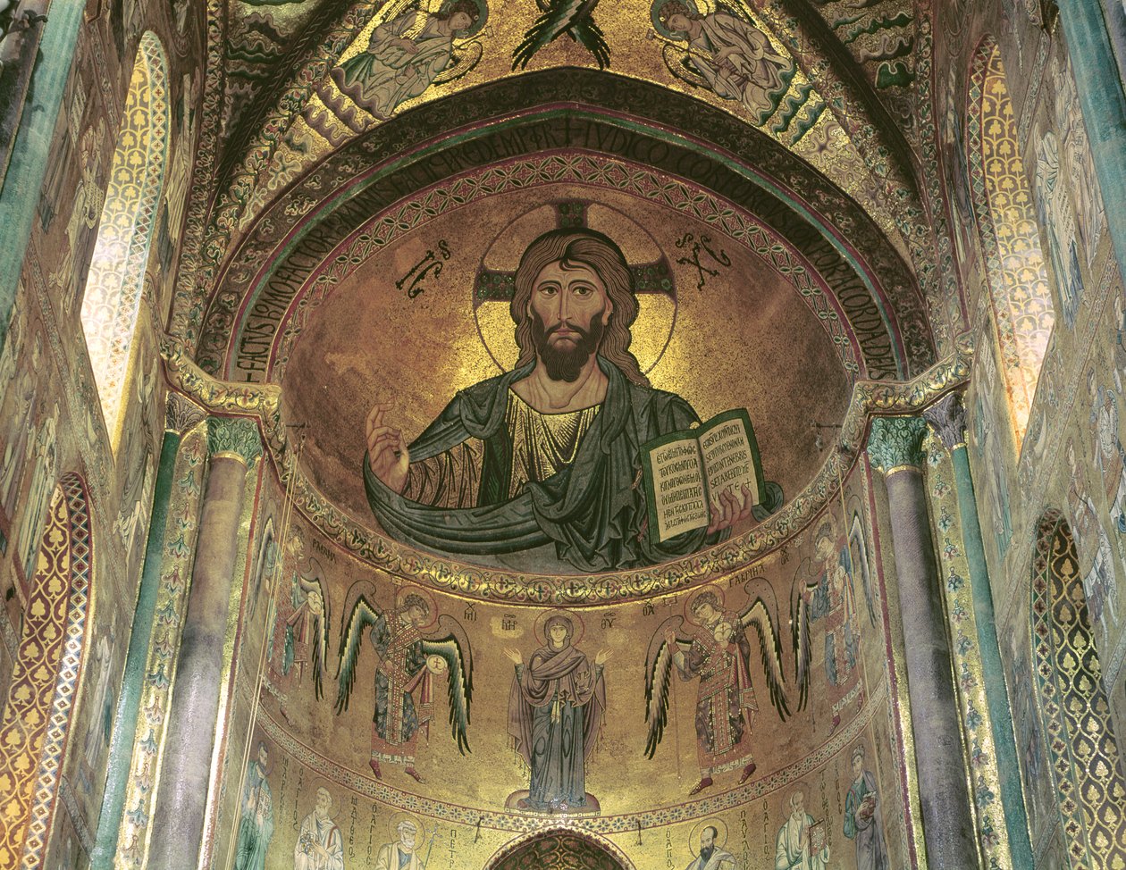 Pohled na apsidu zobrazující Krista Pantokratora a Pannu Marii v modlitbě obklopenou archanděly, 1148 (mozaika) (viz také 97197) od Byzantine School
