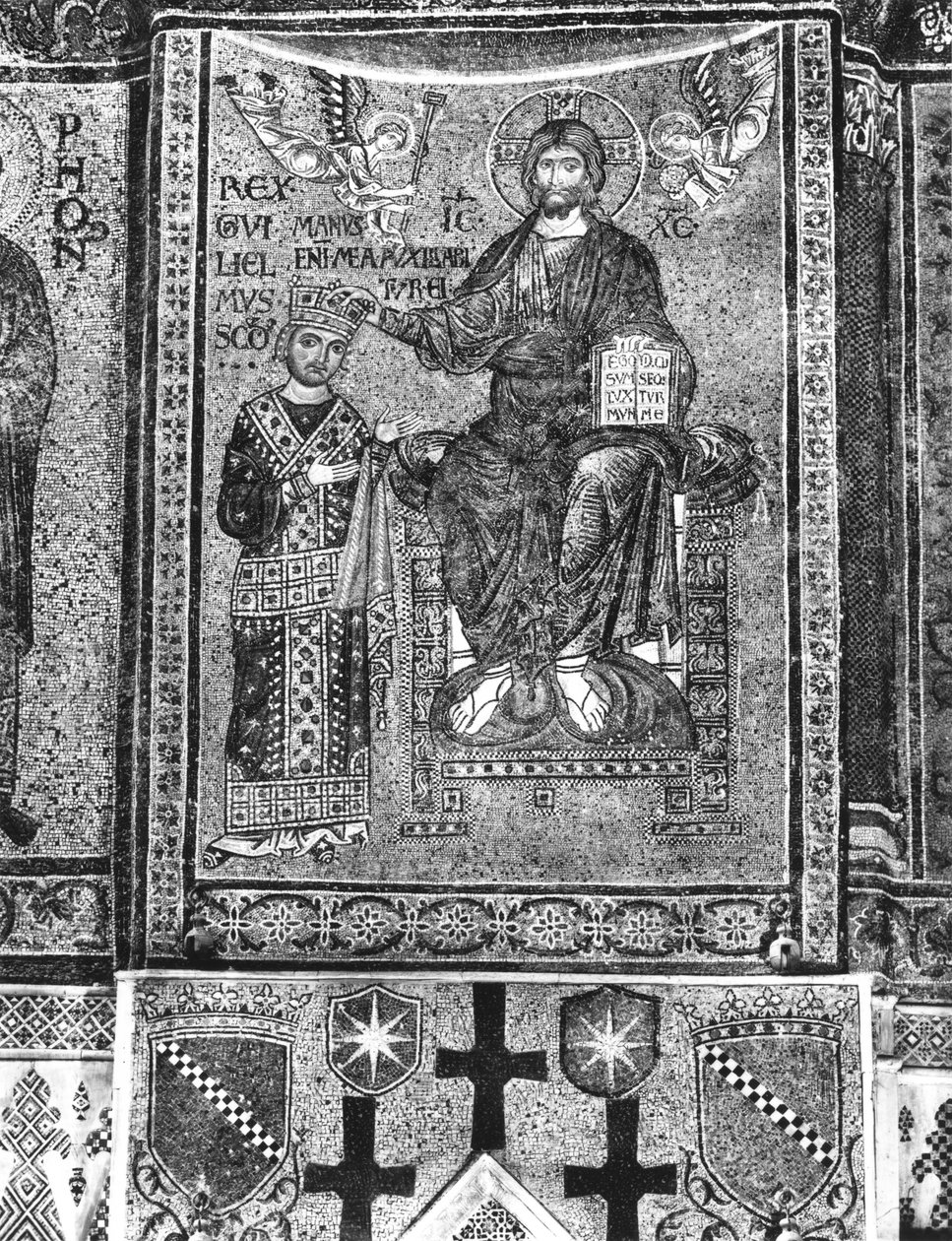 William II (1154-89) král Sicílie přijímající korunu od Krista (mozaika) od Byzantine School