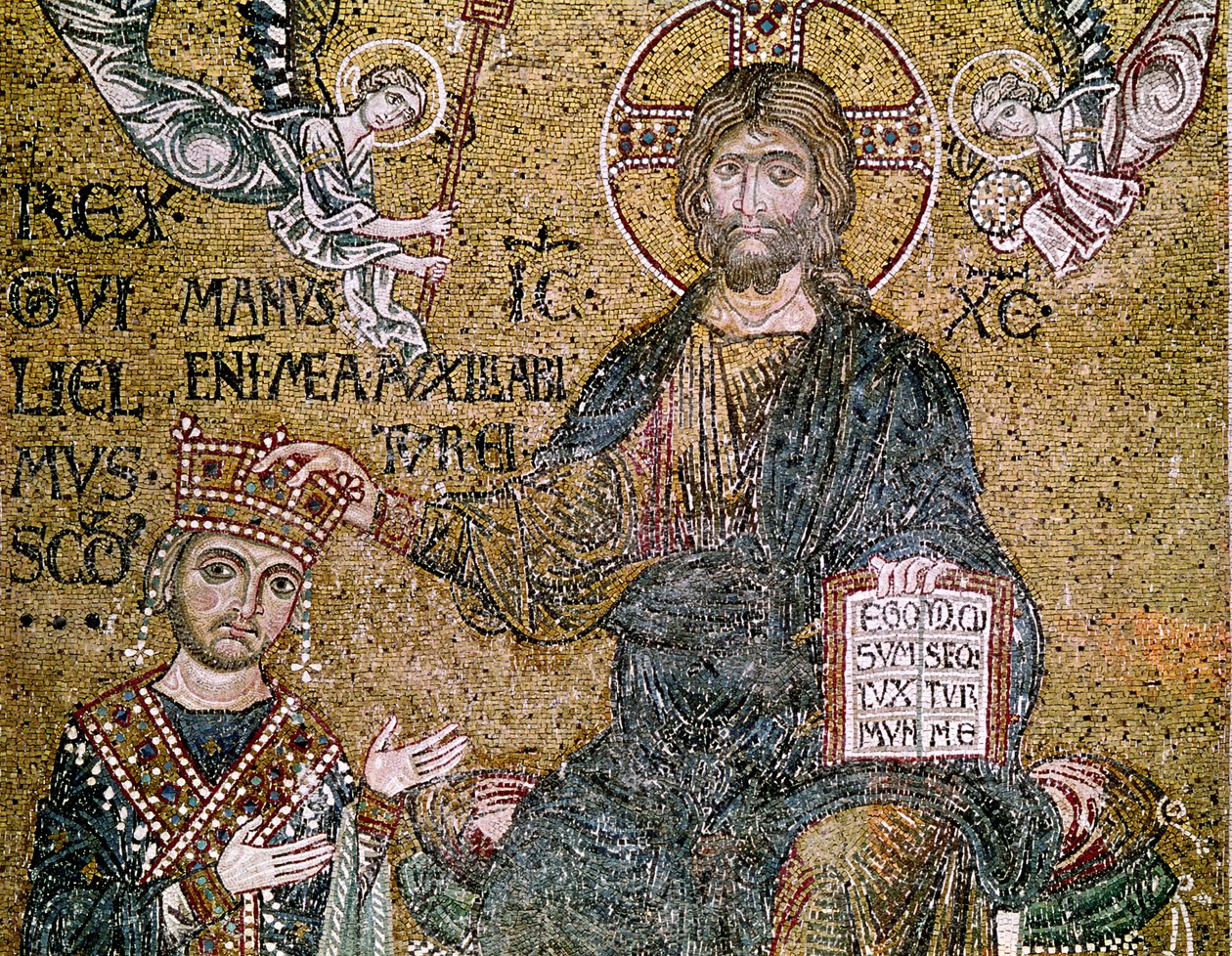 William II (1154-89) král Sicílie přijímající korunu od Krista (mozaika) od Byzantine School