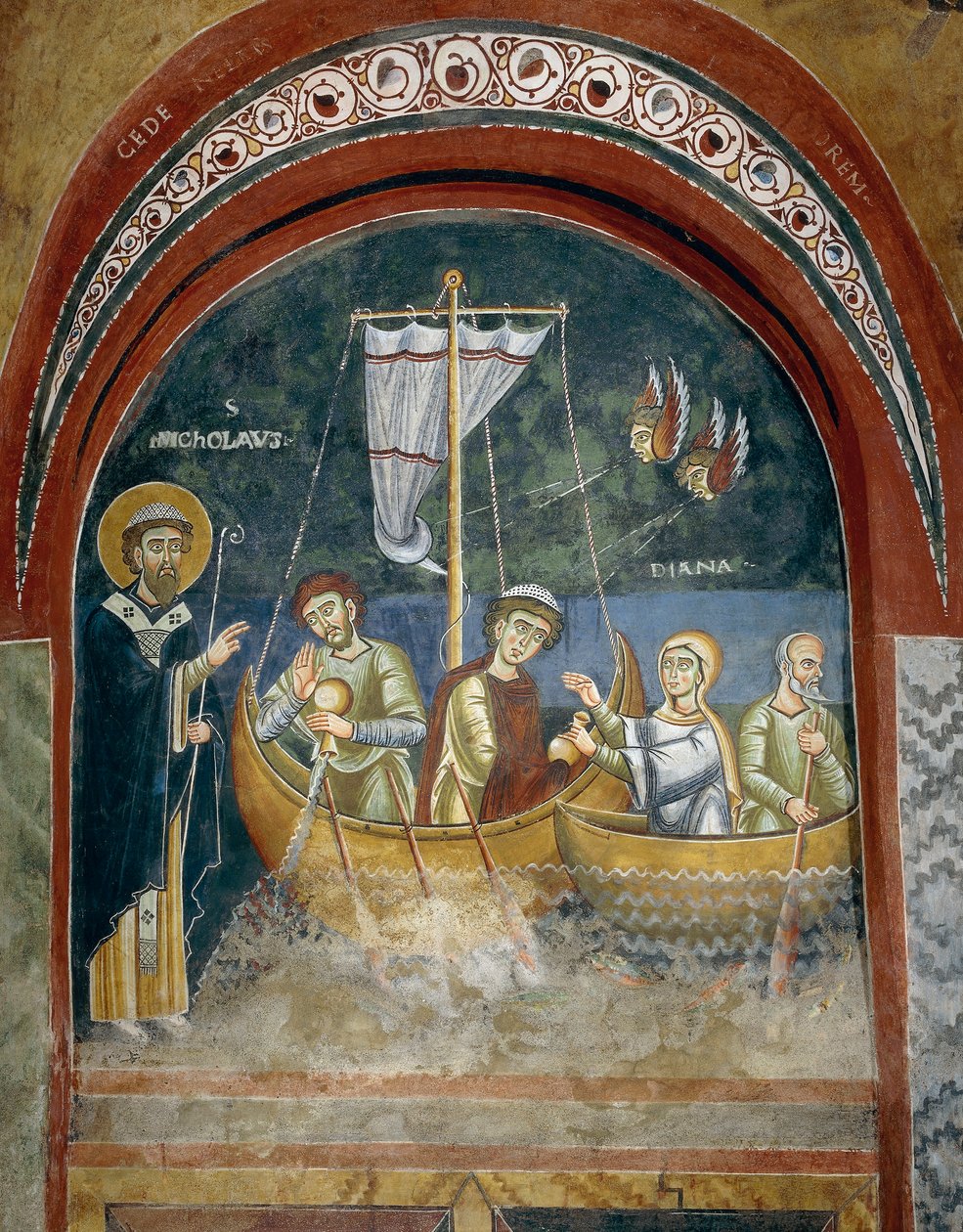 Zjevení svatého Mikuláše trosečníkům, Detail z příběhů života svatého Mikuláše, románské fresky v byzantském stylu, konec 11. století, kaple svatého Eldrada a svatého Mikuláše, opatství Novalesa, Piemont, Itálie od Byzantine