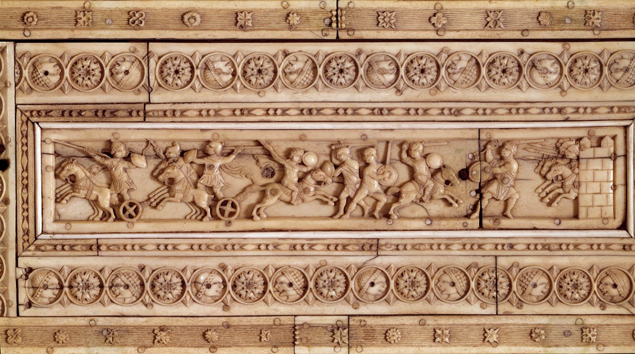 Umění Byzantské říše: Bojová scéna. Slonovinové reliéfní punčochy. Horní část krabice (10. století). Musee Cluny, Paříž. od Byzantine
