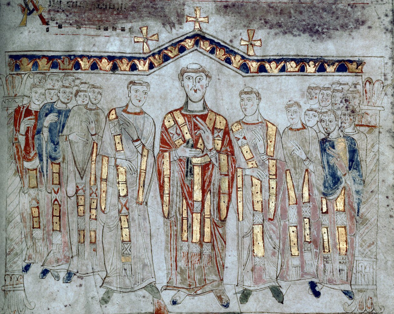 Byzantské umění: „“ Shromáždění kapituly katedrály v Gaete (Gaeta) složené z eveques a diakonů“““ Miniatura převzatá z „Exultet““ z počátku 11. století Museo Diocesano, GaETA od Byzantine