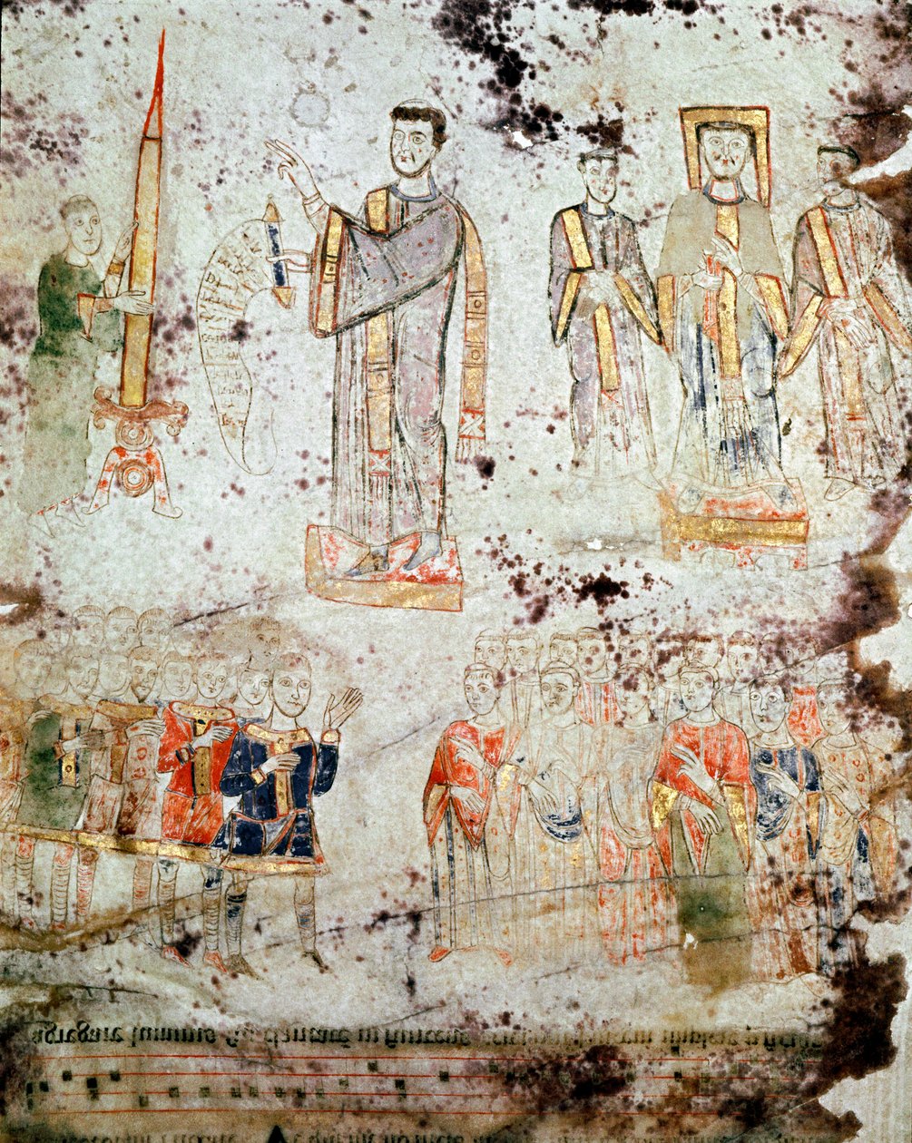 Byzantské umění: „“ Obřad požehnání velikonoční svíce za přítomnosti eveque, členů duchovenstva a pánů (patricia) města Gaete (Gaeta) v Itálii““ Miniatura z „Exultet“ z počátek 11. století Museo od Byzantine