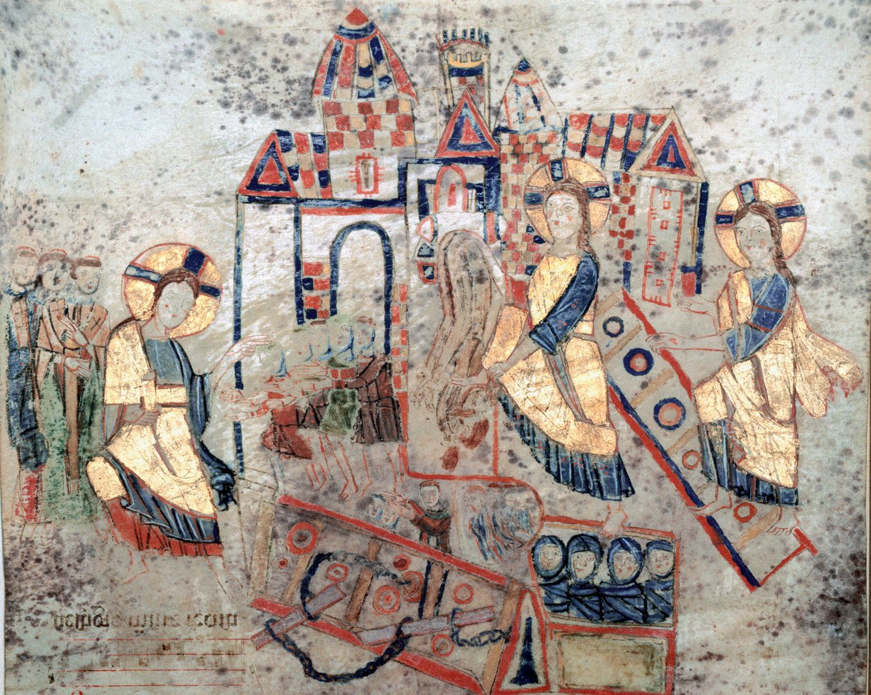 Byzantské umění: „“ Reprezentace Krista Spasitele kácí brány podsvětí, drtí Satana a osvobozující duše“““ Miniatura z „Exultet““ z počátku 11. století Museo Diocesano, Gaeta od Byzantine