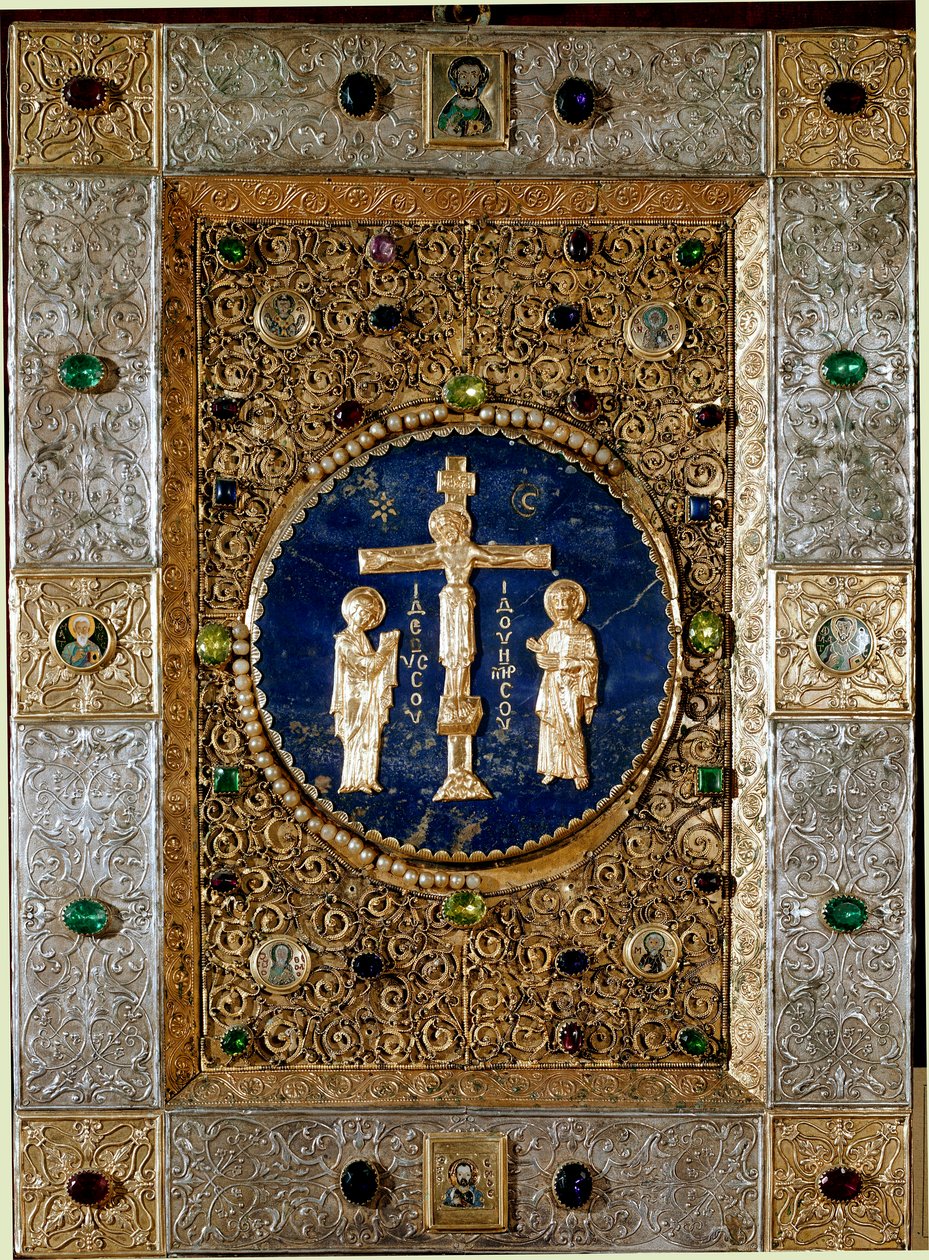 Byzantské umění: obálka evangelia zdobená zlatými listy odpuzuje filigránový krucifix představující Pannu Marii a svatého Jana. 13. století. Benátky tesoro de San Marco (pokladník svatého Marka) od Byzantine