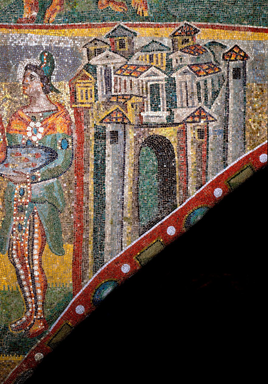 Křesťanské umění: „Klanění tří králů“. Detail krajiny. Mozaika 5. století. Triumfální oblouk, bazilika Santa Maria Maggiore (Svatá Maria Major), Řím. od Byzantine