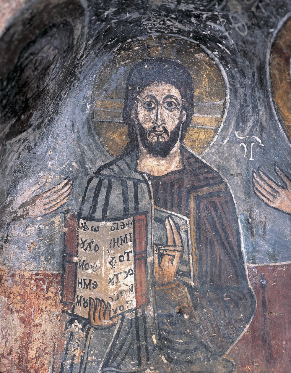 Detailní záběr na fresku pantokratora, Christ Pantocrator, Zoupena, Sparta, Peloponés, Řecko od Byzantine