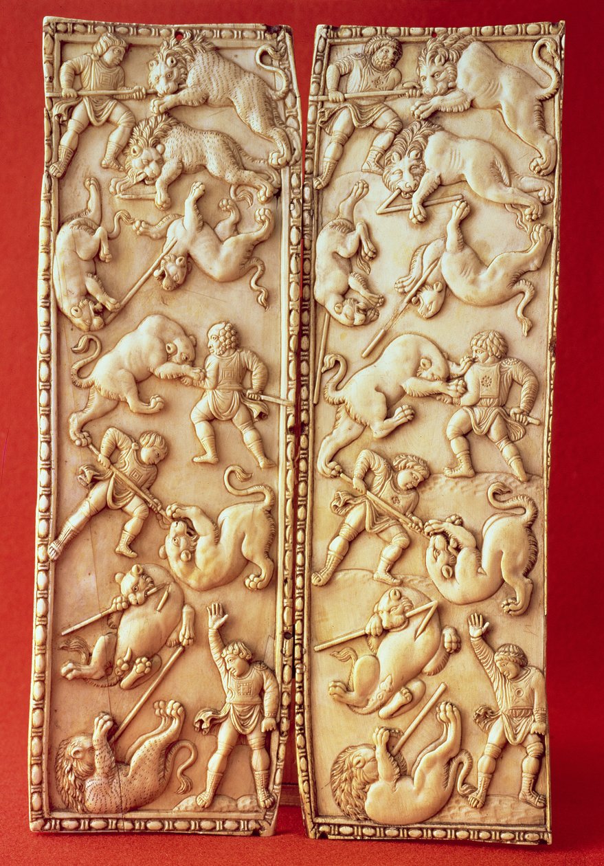 Diptych se scénou lovu lva od Byzantine