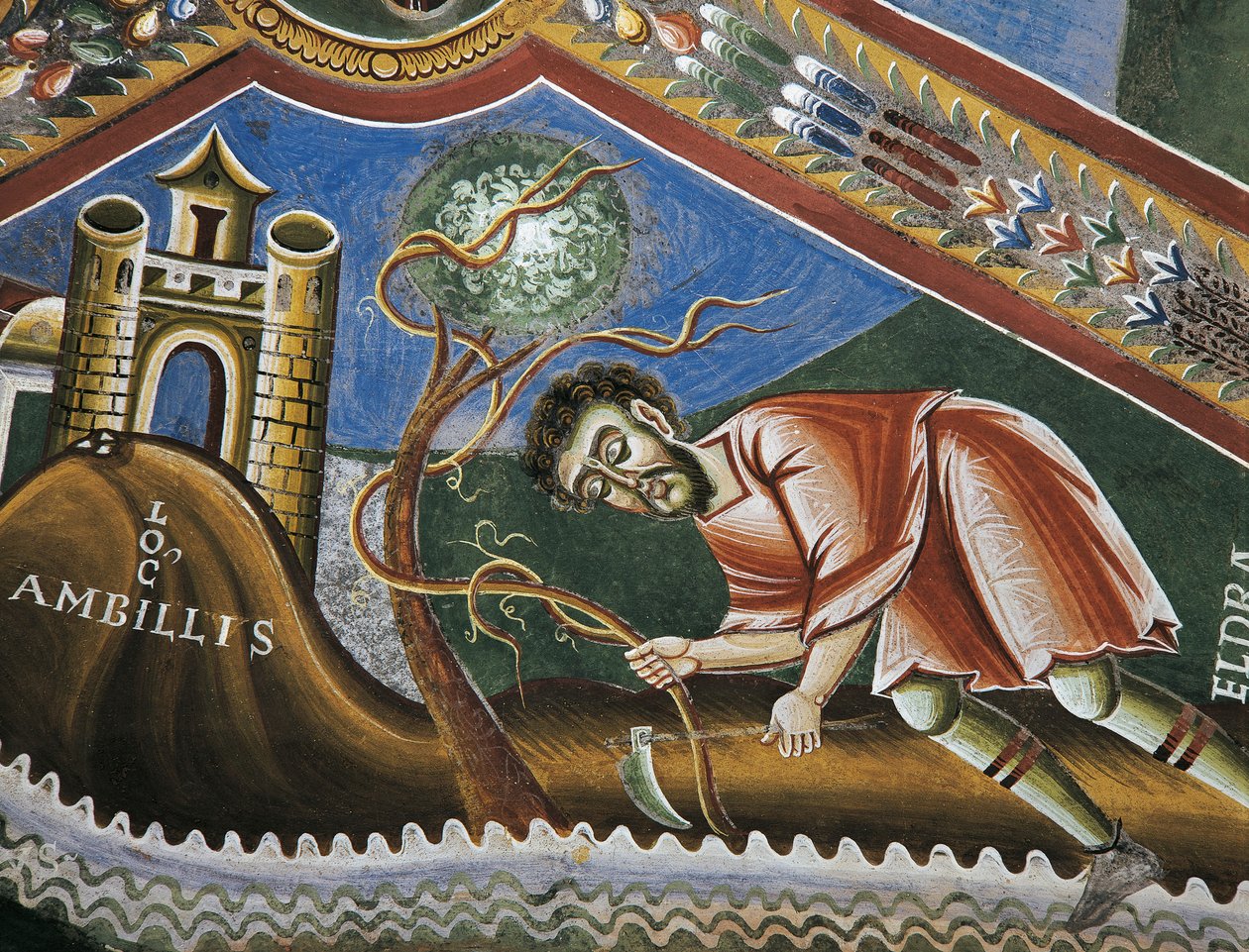 Eldrad obdělávání půdy v Ambilly, Provence, Detail z příběhů života svatého Eldrada, románské fresky v byzantském stylu, konec 11. století, kaple svatého Eldrada a svatého Mikuláše, opatství Novalesa, Piemont, Itálie. od Byzantine
