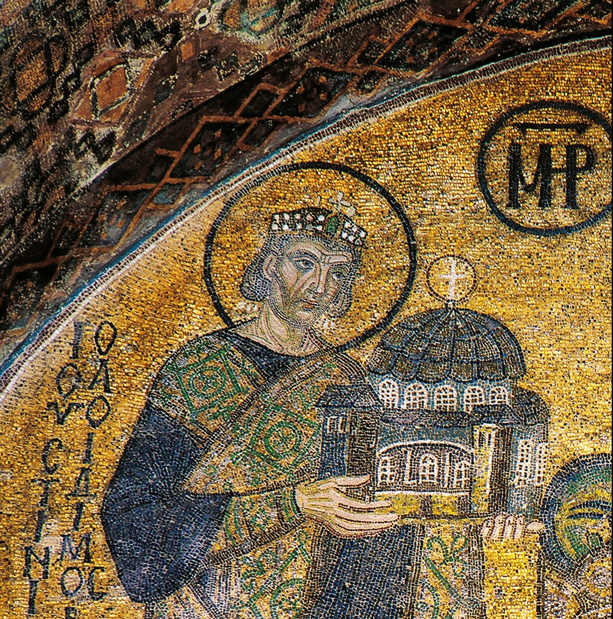 Císař Justinián představuje Hagia Sophia Panně a Dítěti (mozaika) od Byzantine