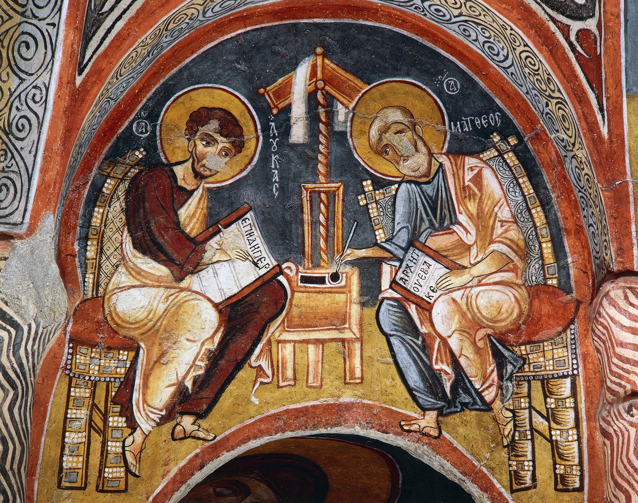 Evangelisté Marek a Jan píšící evangelia, Karanlik Kilise (Temný kostel) (12.-13. století), Goreme (Seznam světového dědictví UNESCO od Byzantine