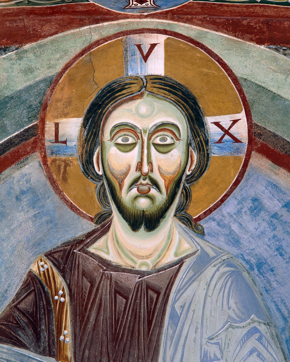Tvář Krista Pantokratora, Detail románských fresek v byzantském stylu, konec 11. století, kaple svatého Eldrada a svatého Mikuláše, opatství Novalesa, Piemont, Itálie od Byzantine