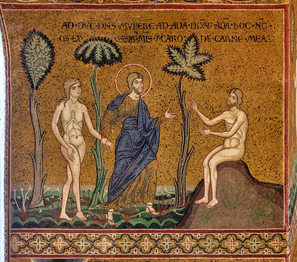 Bůh představuje Evu Adamovi, byzantská mozaika, XII-XIII sec, na protější fasádě (mozaika) od Byzantine