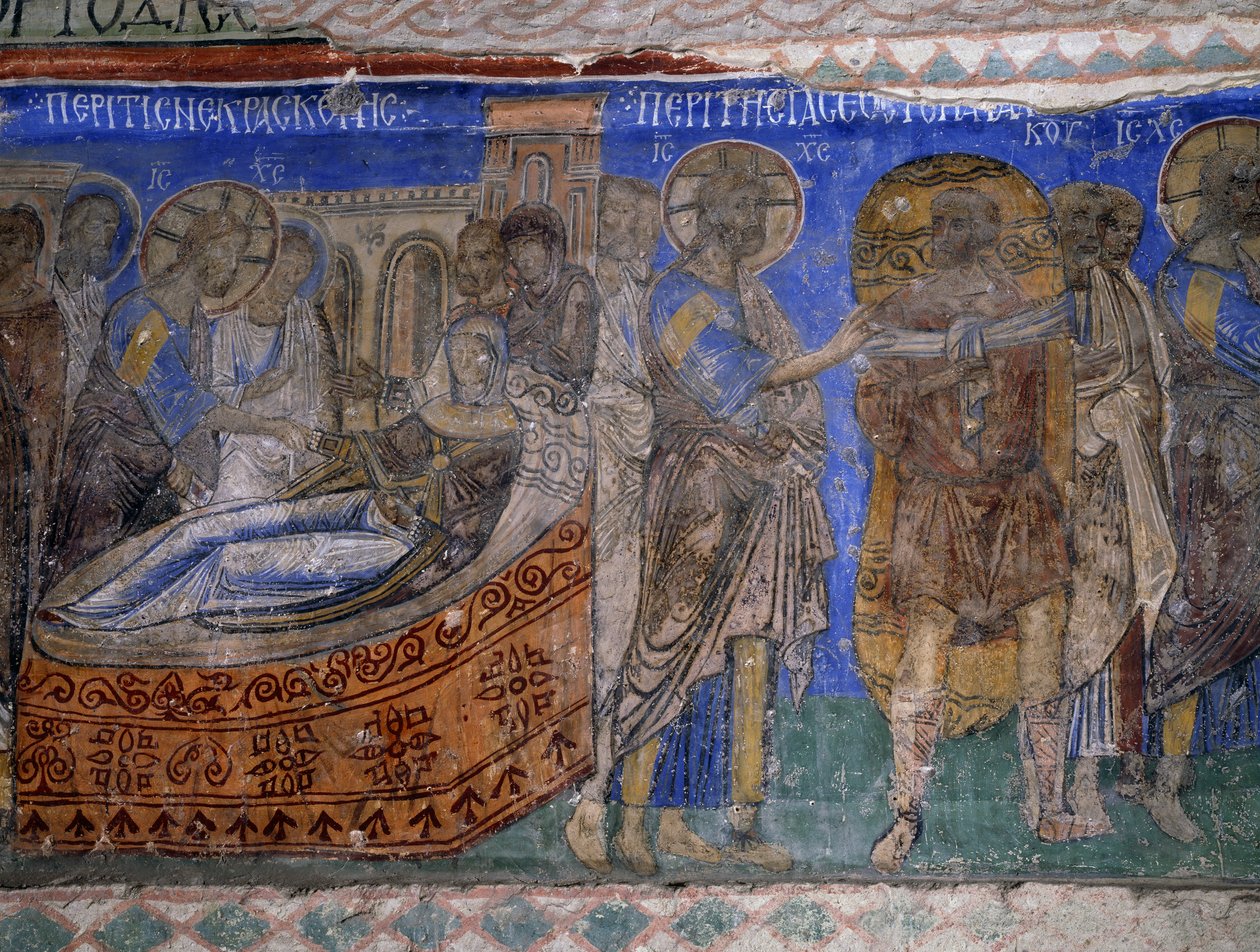 Uzdravení tchyně a ochrnutého muže Simona Petera, byzantská freska (12. století), Tokali Kilise (kostel spony) (12.–13. století), Goreme (seznam světového dědictví UNESCO od Byzantine