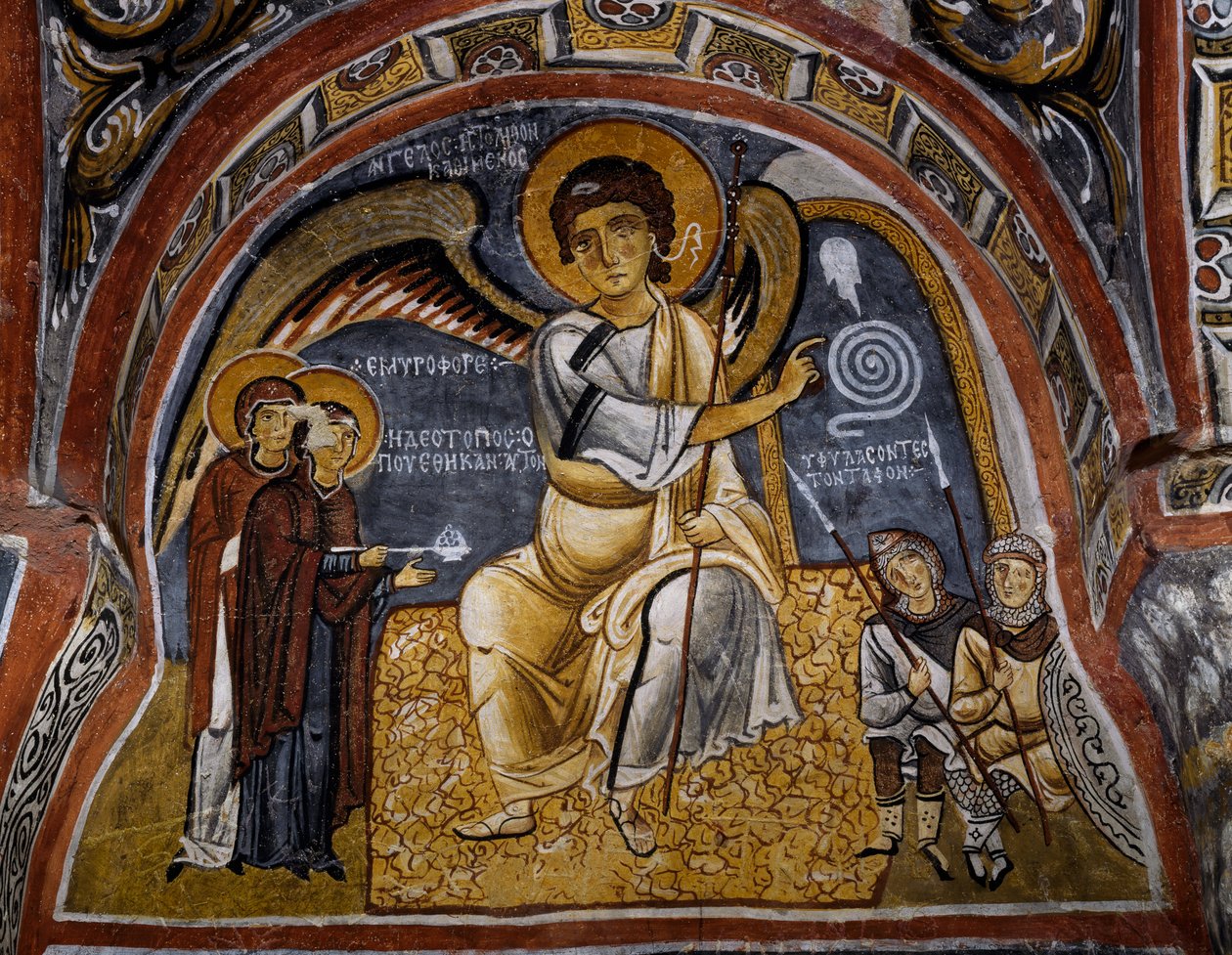 Svaté ženy u hrobu a zjevení Anděla, byzantská freska (12. století), Karanlik Kilise (Temný kostel) (12.–13. století), Goreme (Seznam světového dědictví UNESCO od Byzantine
