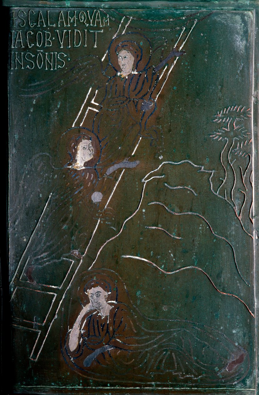 Jákob ve snu vidí anděly vystupovat a sestupovat po bronzové dlaždici vyrobené v Konstantinopoli v roce 1076. Monte Sant 