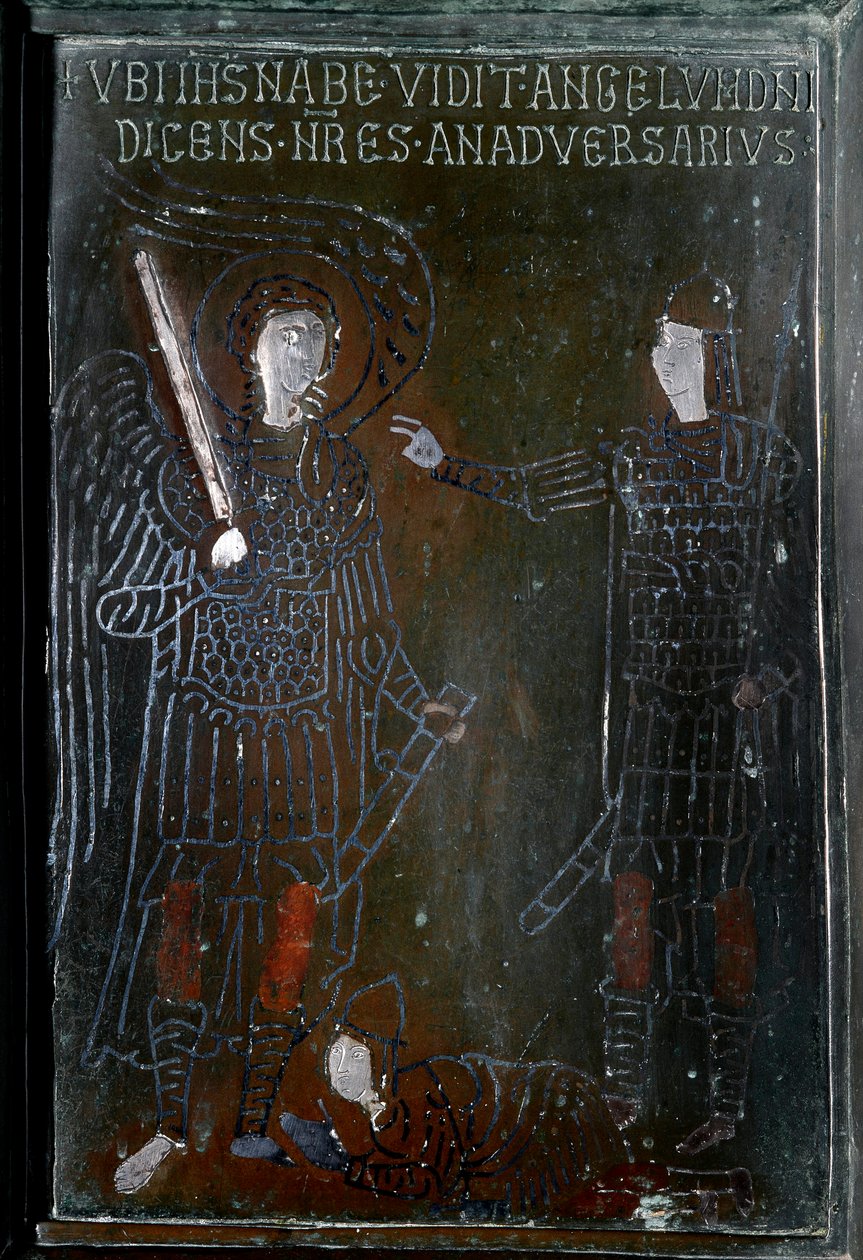 Josue se setkává s andělem z bronzových dveřních dlaždic vyrobených v Konstantinopoli v roce 1076. Monte Sant 