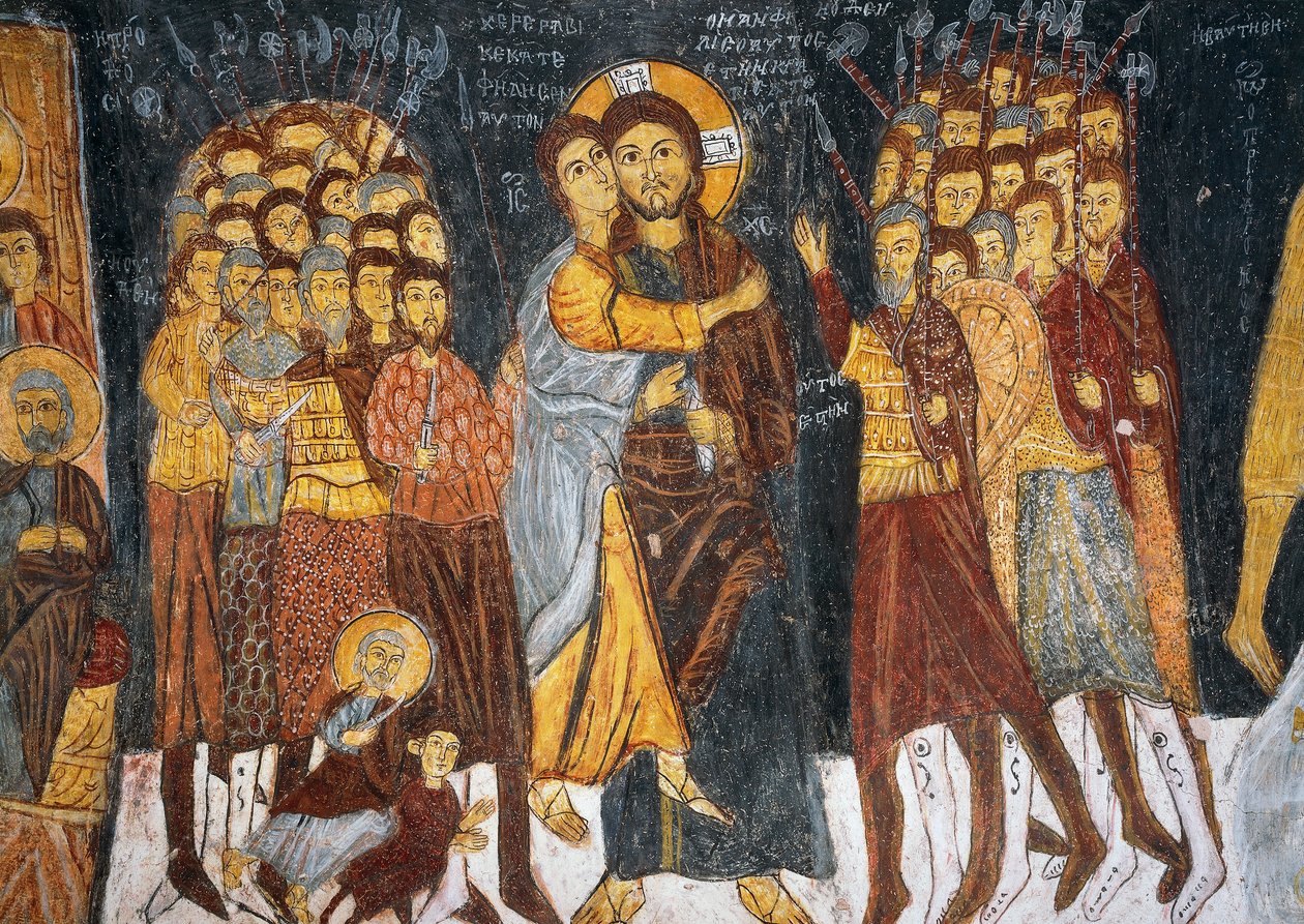 Jidášův polibek, byzantská freska (1212), Gulsehir Karsi Kilise (kostel sv. Jana), Goreme (seznam světového dědictví UNESCO od Byzantine