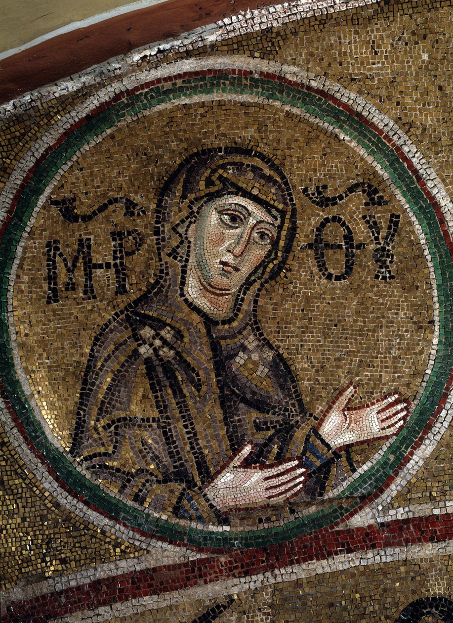 Panna Oranta (pravoslavné křesťanské zobrazení Panny Marie, modlící se s nataženýma rukama) (Panna Orans). Mozaika byzantského mistra, cca 1037-1050, staré ruské umění. Klenba Sboru katedrály svaté Sofie v Kyjevě (Ukrajina). od Byzantine