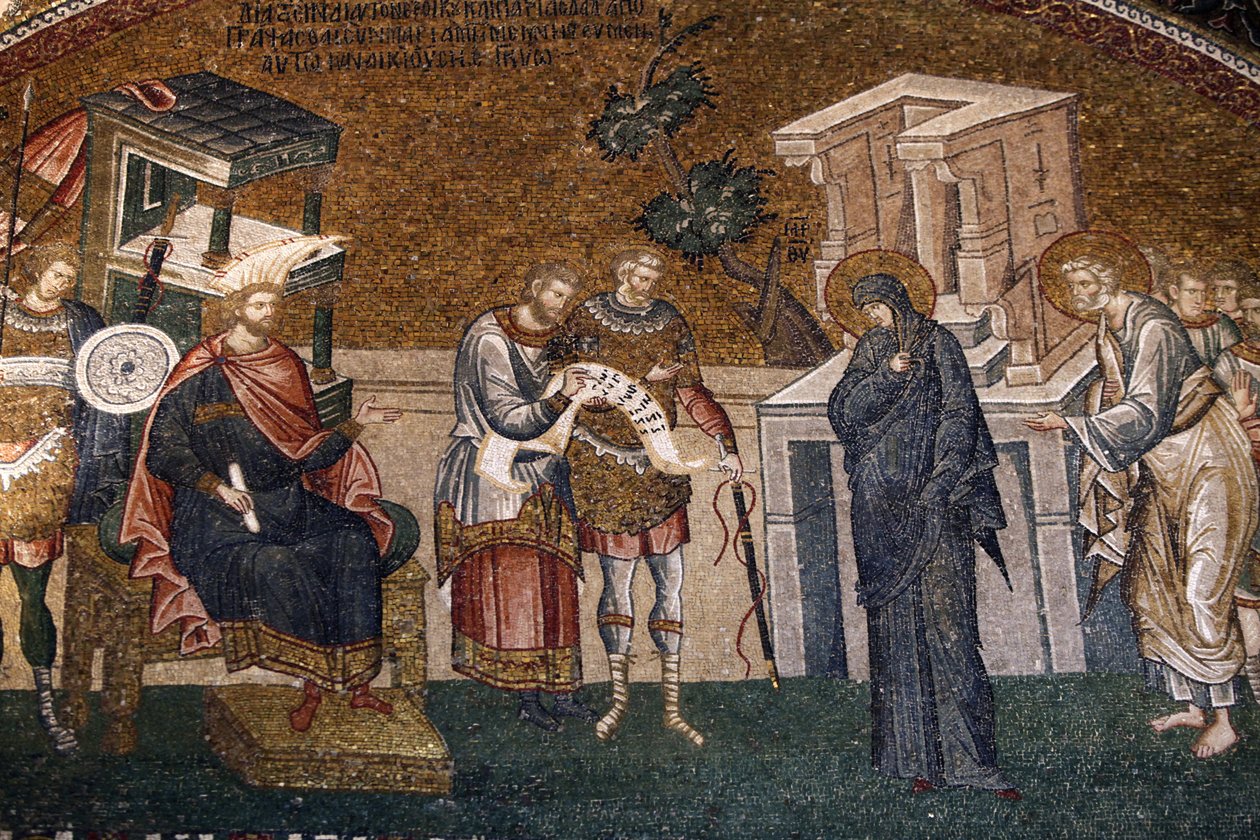 Marie a Josef před Cyremiem, kteří se přihlásili k dani, se stráží, písařem a důstojníkem, c. 14. století (mozaika) od Byzantine