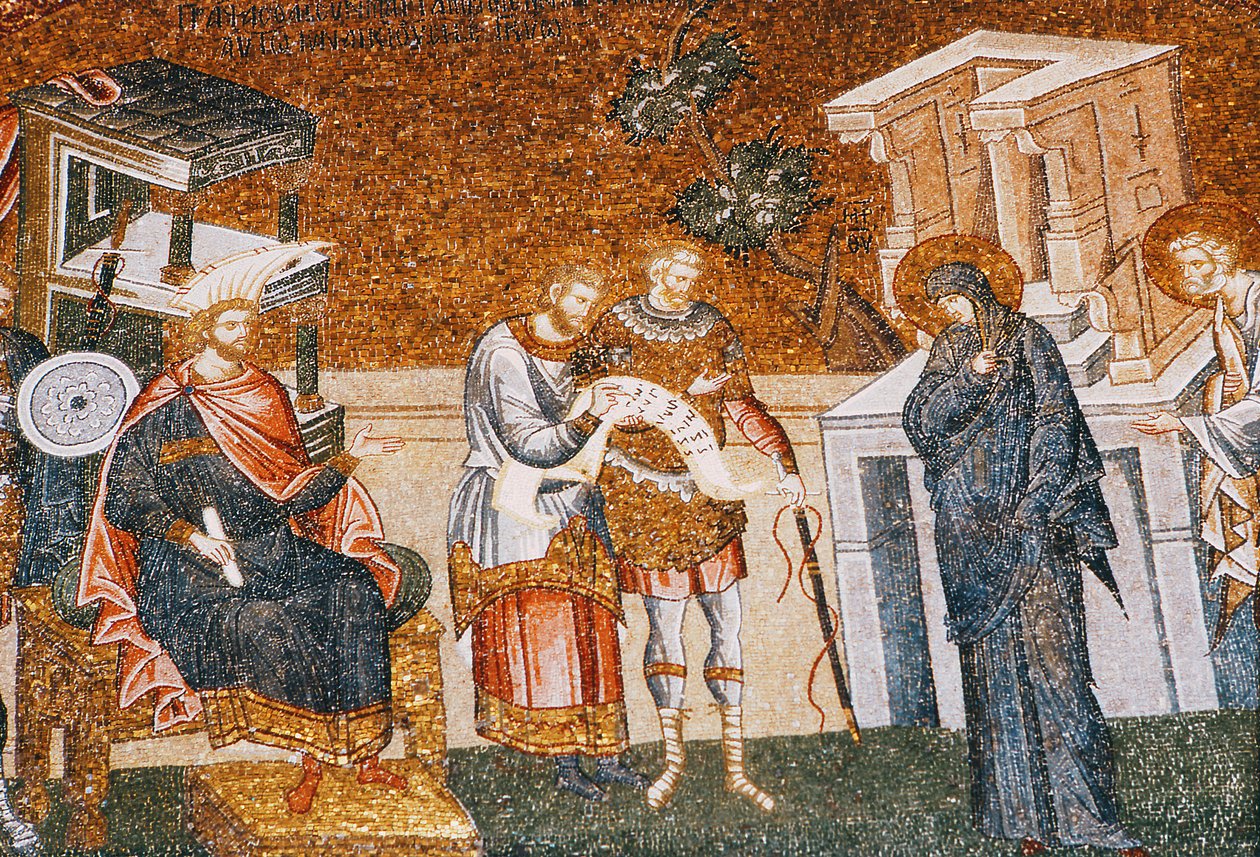 Marie a Josef před Cyremiem, kteří se přihlásili k dani, se stráží, písařem a důstojníkem, c. 14. století (mozaika) (detail z roku 119636) od Byzantine
