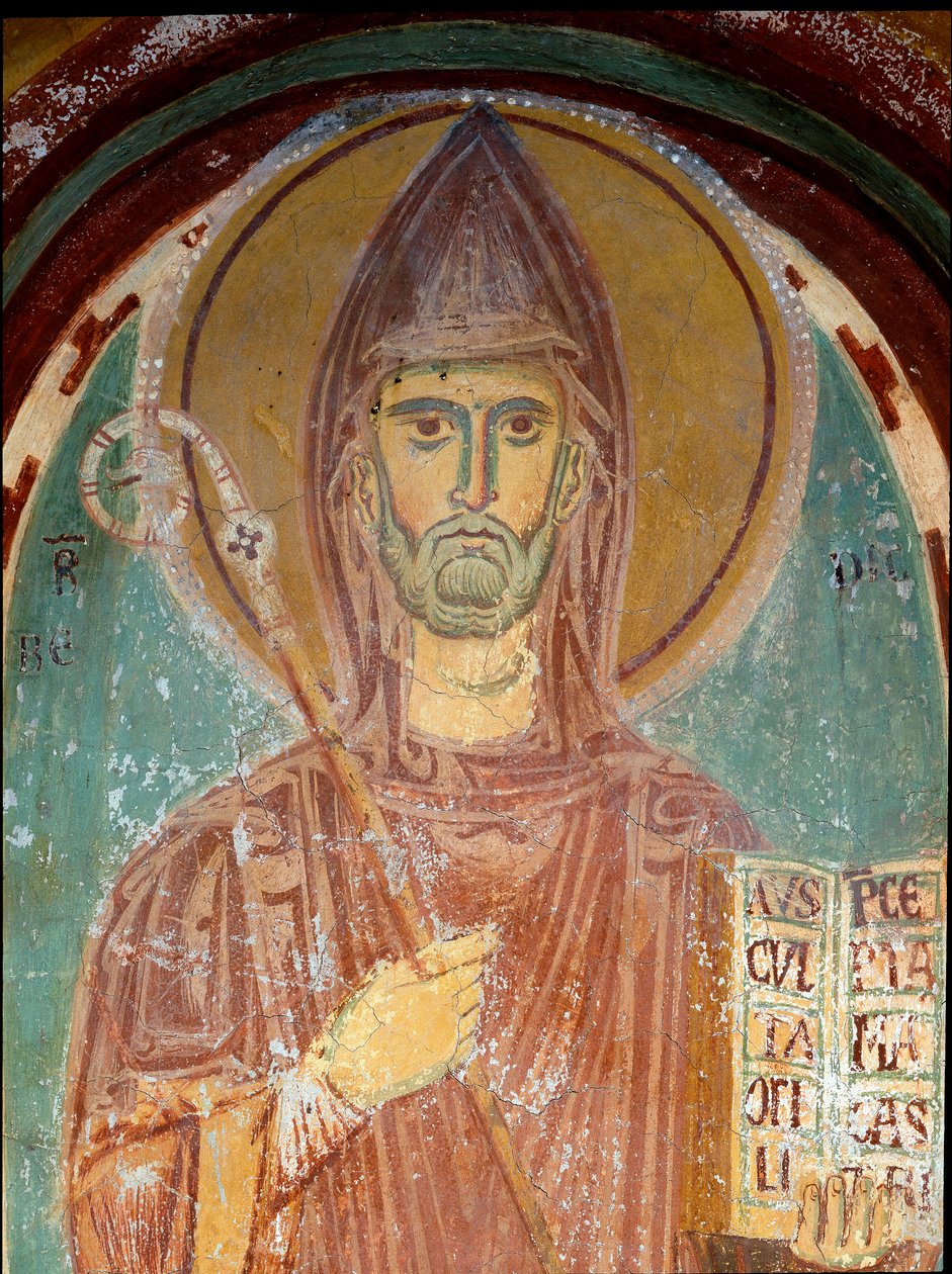 Reprezentace svatého Benedikta z Nursie (6. století) Detail fresky byzantské školy. Počátek 13. stol. Klášter Saint Benoit (Sacro Speco), kaple Saint Gregoire a Subiaco (Řím), Itálie od Byzantine