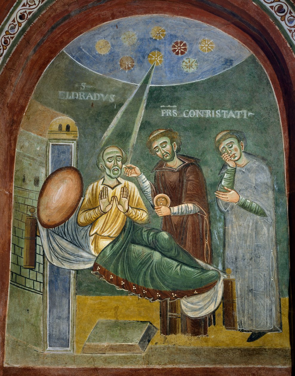 Umírající svatý Eldrad při přijímání eucharistie, detail z Příběhů svatého Eldrada, románská freska, byzantský styl, konec 11. století, kaple svatého Eldrada a svatého Mikuláše, opatství Novalesa, Piemont, Itálie. od Byzantine