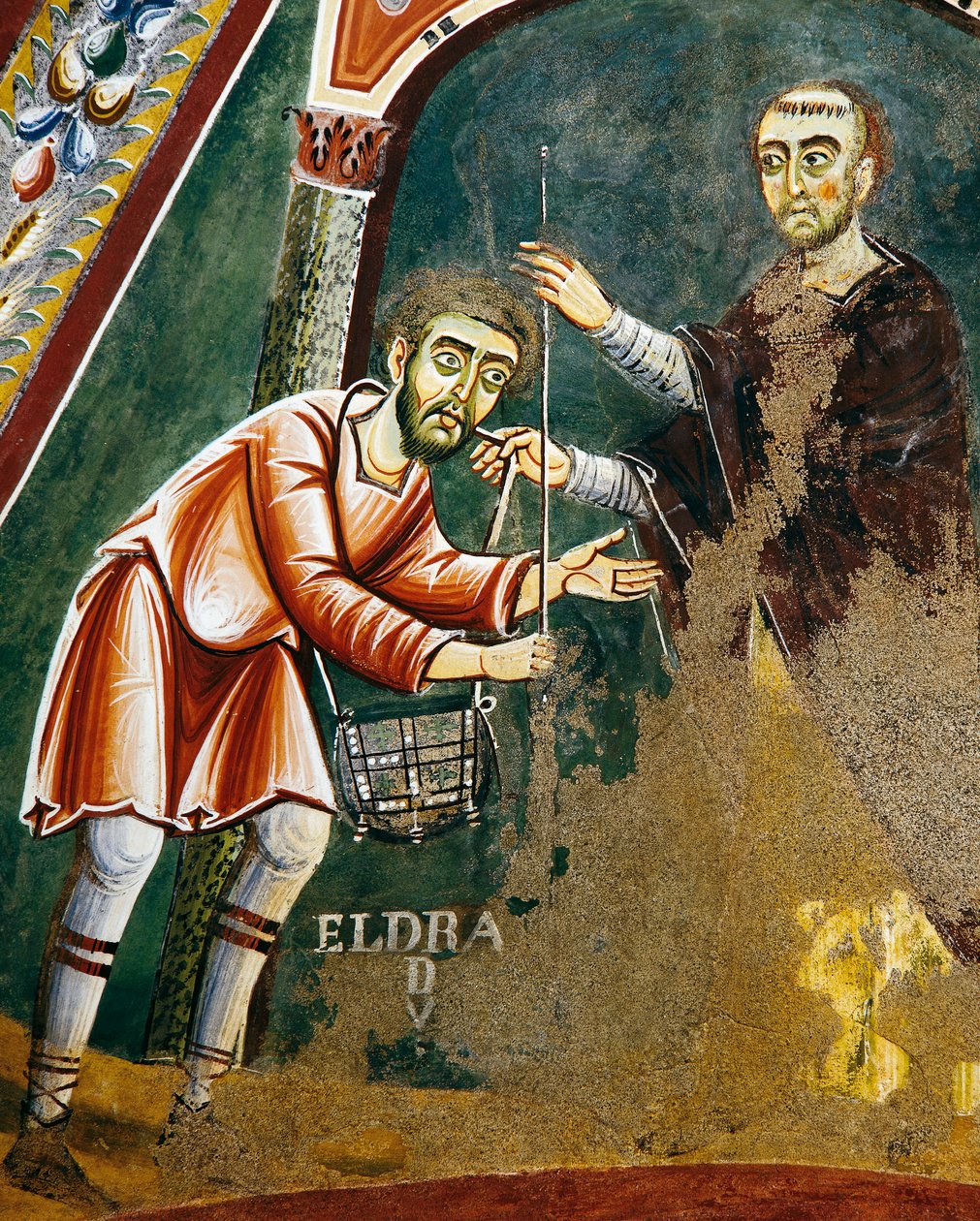 Saint Eldrad odjíždí do Santiaga de Compostela, detail z Příběhů života svatého Eldrada, románská freska, byzantský styl, konec 11. století, kaple svatého Eldrada a svatého Mikuláše, opatství Novalesa, Piemont, Itálie. od Byzantine