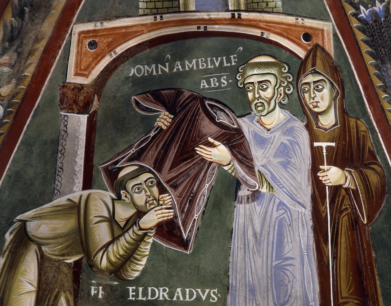 Saint Eldrad se vrací ze Santiaga de Compostela a dostává řeholní habit od opata z Novalesy, Příběhy života svatého Eldrada, románskou fresku, byzantský styl, kapli svatého Eldrada a svatého Mikuláše, opatství Novalesa, Piemont, Itálie. od Byzantine