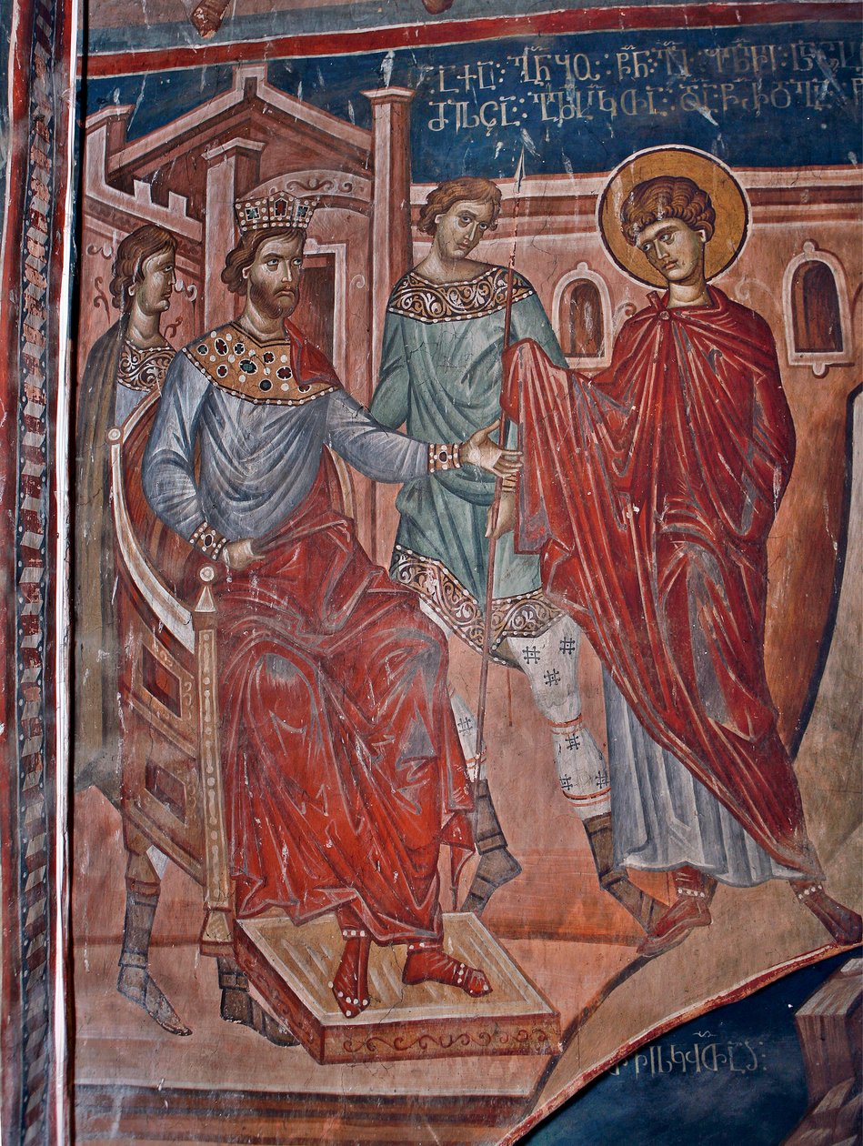 Svatý Jiří před císařem Diokleciánem (244-311) - Svatý Jiří před císařem Diokleciánem - Obraz od Damiana (aktivní 14. století) - 14. století - Freska - Klášter sv. Jiří, Ubisi ©FineArtImages/Leemage od Byzantine