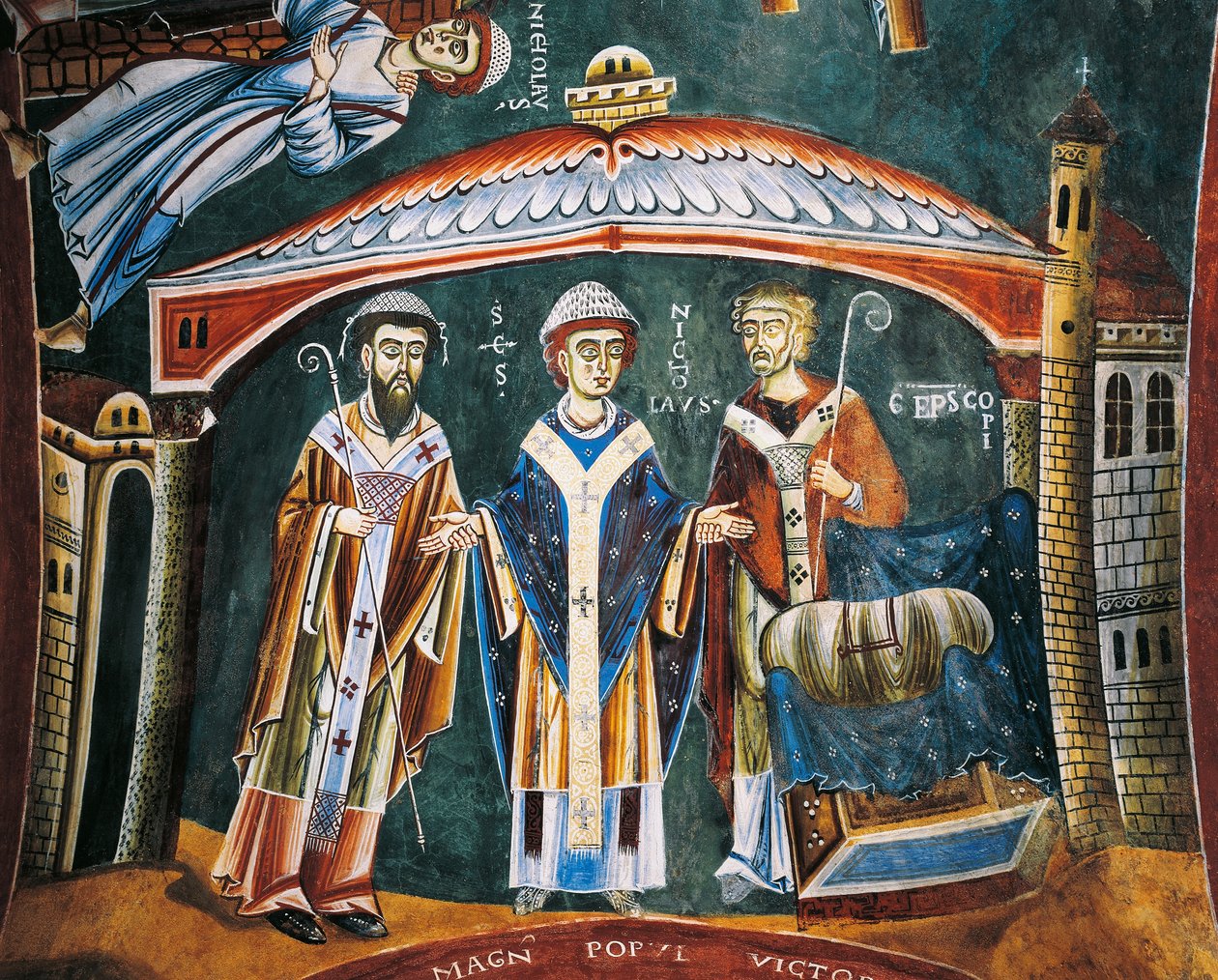 Svatý Mikuláš Zasvěcený biskup z Myry, Detail z příběhů svatého Mikuláše, románská freska, byzantský styl, konec 11. století, kaple svatého Eldrada a svatého Mikuláše, opatství Novalesa, Piemont, Itálie. od Byzantine