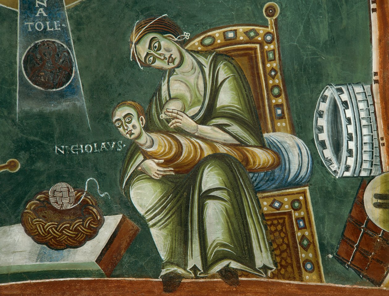 Svatý Mikuláš odmítající mléko své matky, Z příběhů ze života svatého Mikuláše, detail románských fresek v byzantském stylu, konec 11. století, kaple svatého Eldrada a svatého Mikuláše, opatství Novalesa, Piemont, Itálie. od Byzantine