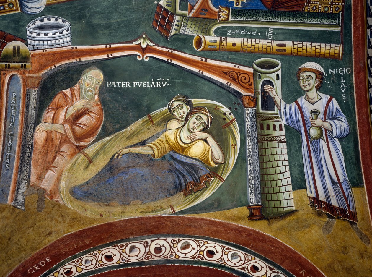 Svatý Mikuláš zachraňující bohatého kupce upadl do chudoby a platí věno svých dcer, Detail z Příběhů svatého Mikuláše, románská freska, byzantský styl, konec 11. století, kaple svatého Eldrada a svatého Mikuláše, opatství Novalesa, Piemont, Itálie od Byzantine
