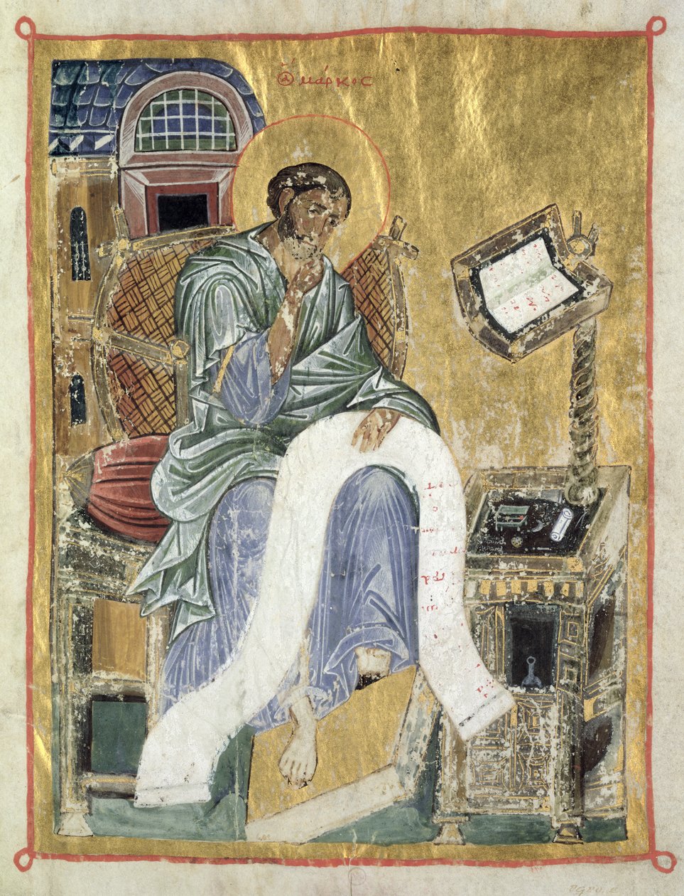 Svatý Marek píše své evangelium (list ze žaltáře) (pergamen) od Byzantine