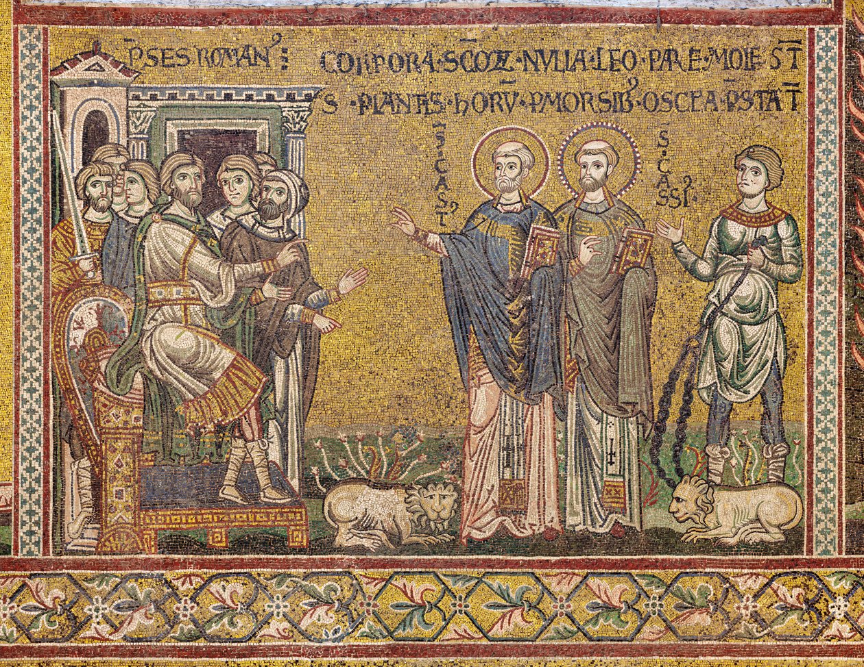 Svatý Cassius a svatý Casto před císařem, byzantská mozaika, XII-XIII století, na protifasádě (mozaika) od Byzantine